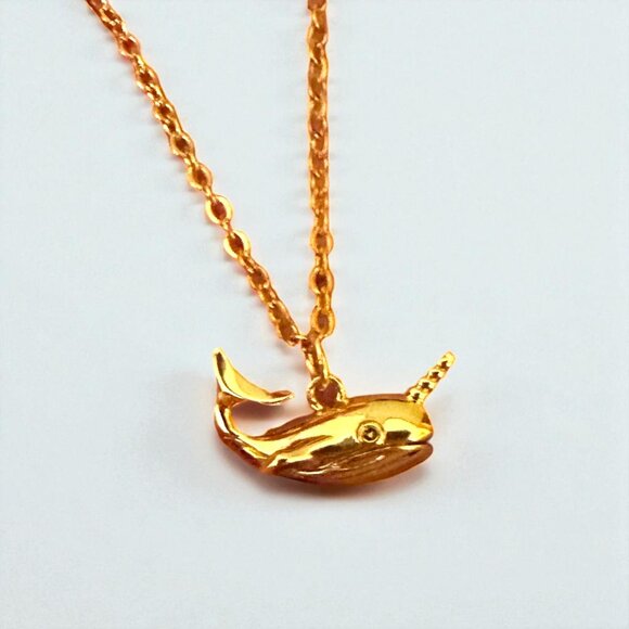 18K Gold Plated Narwhal Whale Pendant Necklace Gold Plated Stainless Steel Chain - Picture 2 of 12
